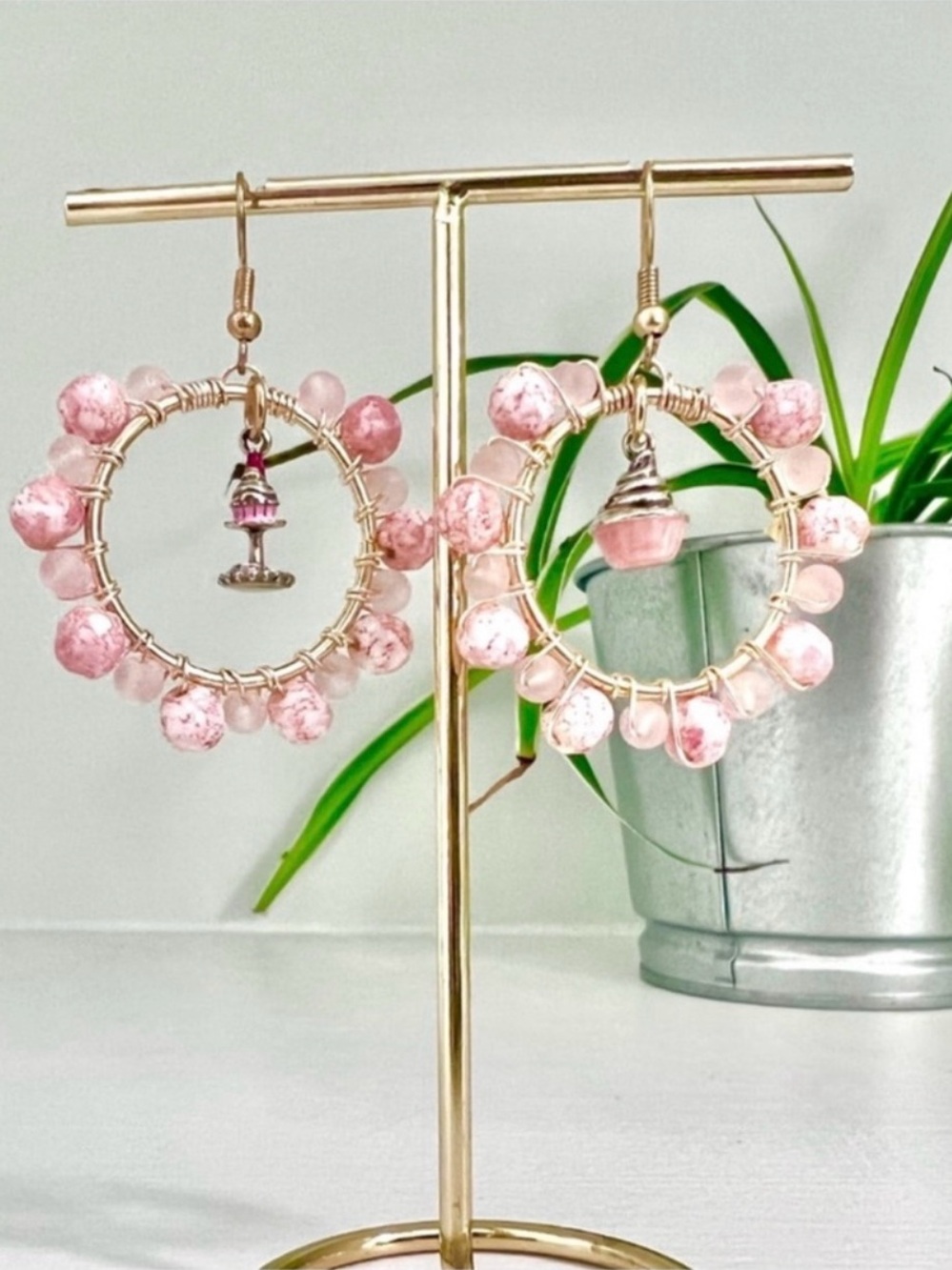 Pink Bead Hoop Earrings with Dangle Charm